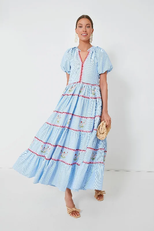Don’t Miss Out Blue Pinstripe Embroidered V-Neck Lillian Maxi Dress