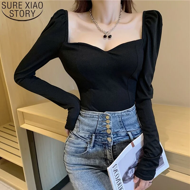 Back To College Autumn Long Sleeve T-shirts Women Tops Elegant Square Collar Shirts Solid Puff Sleeve Slim Blouses Tops Sexy V-neck Tshirt 12605