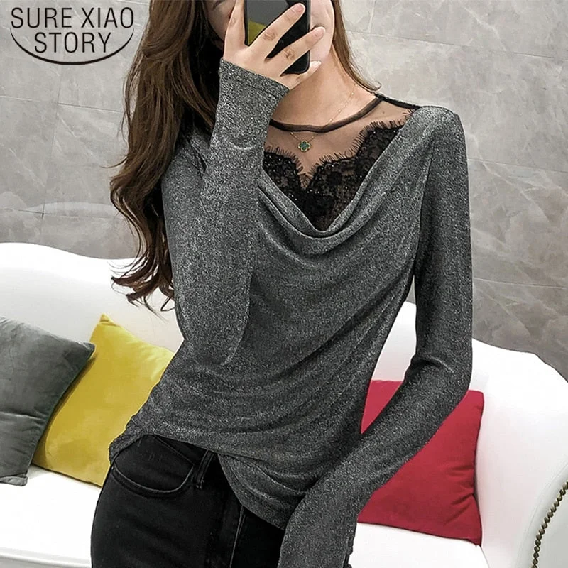 Christmas Gift Fashion Autumn Solid O-neck Lace Shirts  Long Sleeve Hollow Out Blouse Women Korean Women Tops and Blouses  7845 50