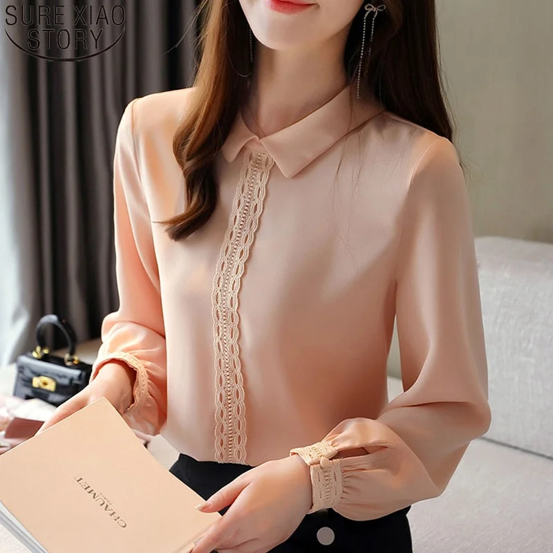 Christmas Gift Fashion Office Lady Shirt Orange Blouse Elegant Long Sleeve Pullover Chiffon Blouses Blusas Tops  Fall Female Clothes 12199