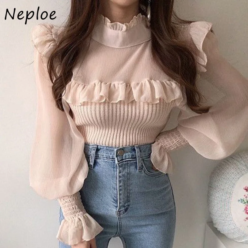 Christmas Gift Grace Temperament Stand Collar Blusasedible Tree Fungus Spliced Autumn  Female Tops Flare Sleeve Shirt Blouses Women