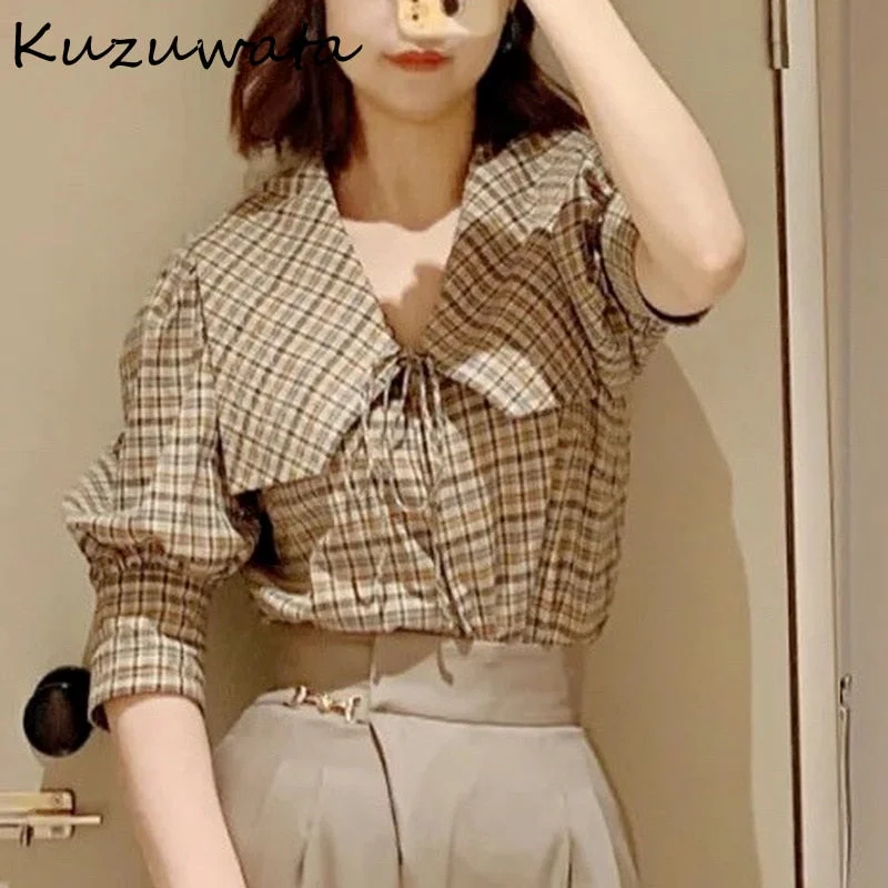 Christmas Gift Kuzuwata  Autumn Blouses Navy Collar Lapel Puff half Sleeve Solid Single-breasted Shirts Women Temperament Commuter Blusas