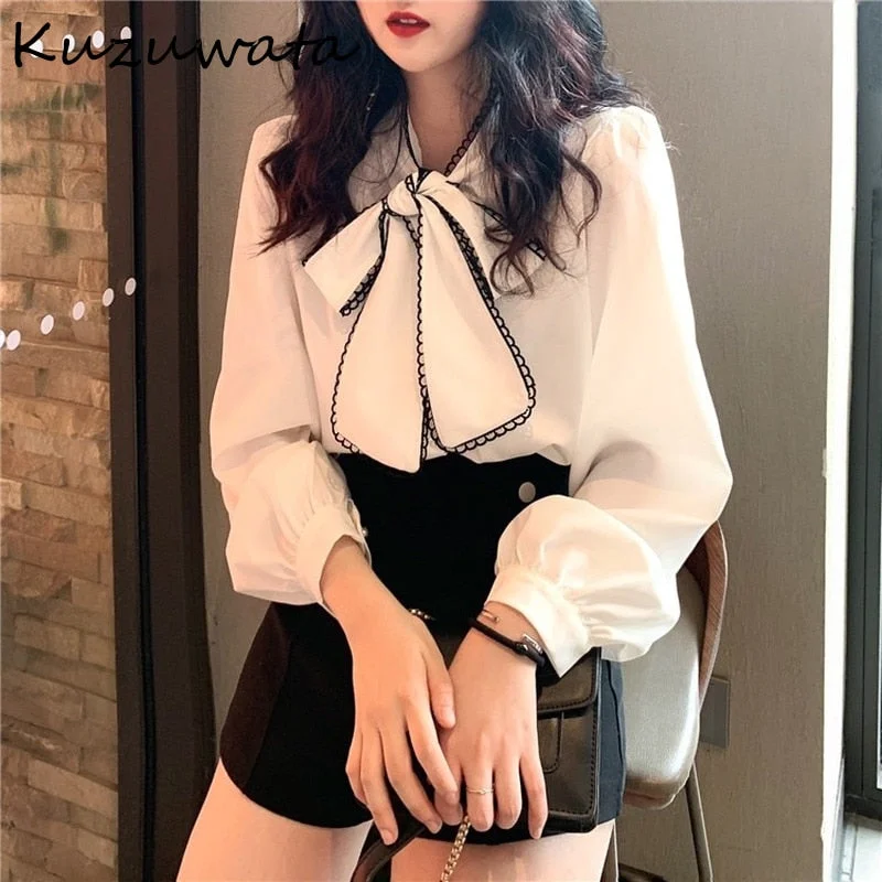 Christmas Gift Kuzuwata Autumn Chic Bow Drawstring Stand Collar Shirt Fashion  All-match Femme Blusas Solid Color Elegant Women Blouses