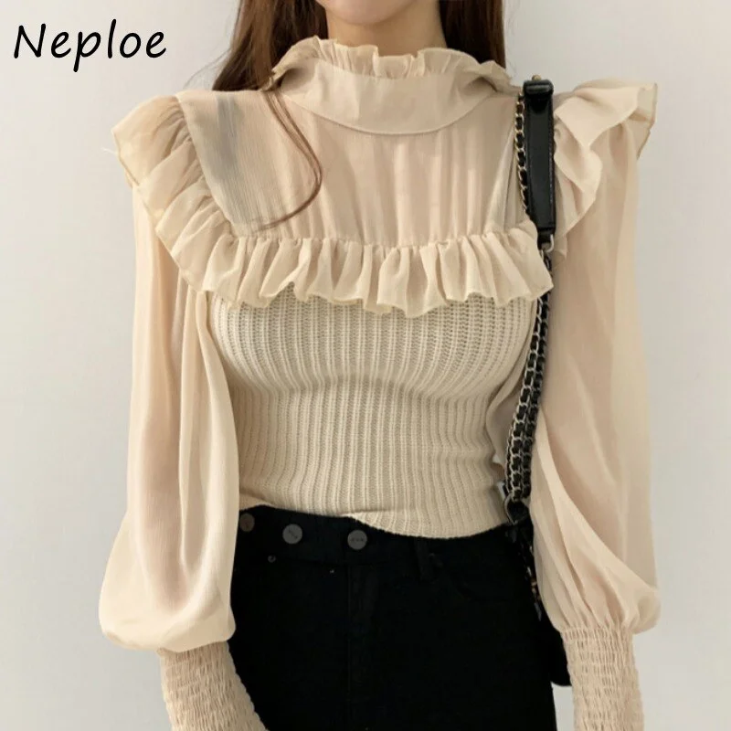 Christmas Gift Kuzuwata Autumn Elegant Woman Blouses Half High Collar Ruffle Blusas Slim Lantern Sleeves Knitted Chiffon Stitching Shirt Women