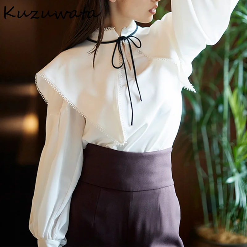 Christmas Gift Kuzuwata  Autumn New Blouses Detachable Sailor Neck Bow Tie Long Sleeve Solid Shirts Japan Style Temperament Sweet Blusas