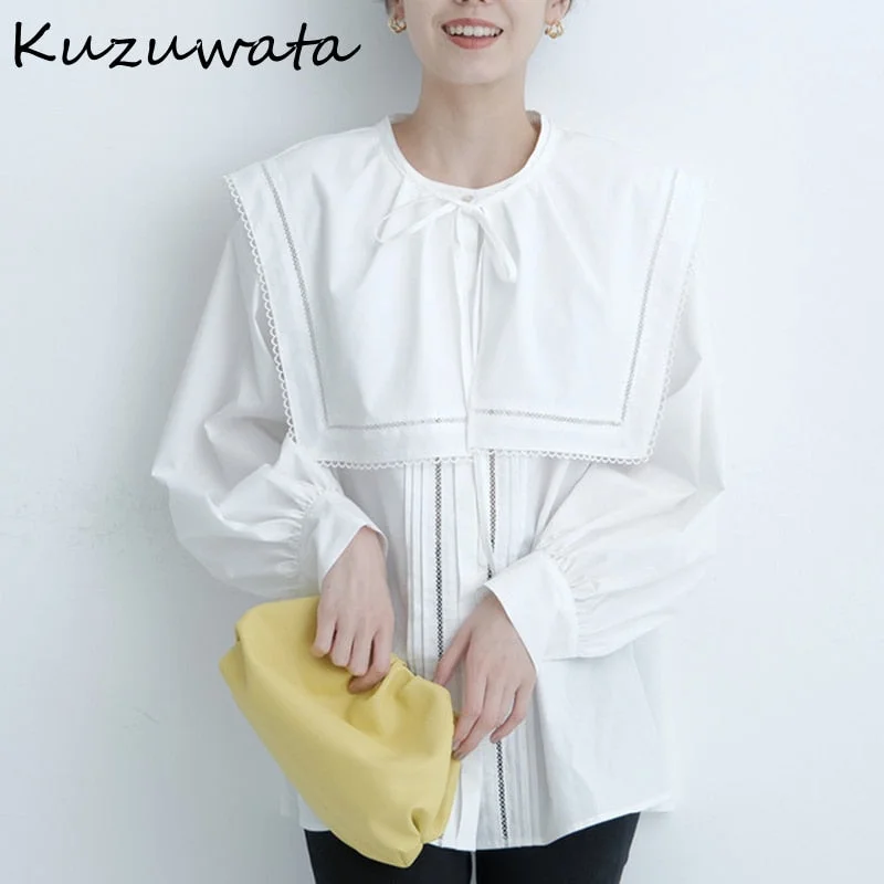 Christmas Gift Kuzuwata  Autumn New Fashion Blouses Japan Style Women Blusas Sailor Collar Button Drawstring Long Sleeved Folds Solid Shirt