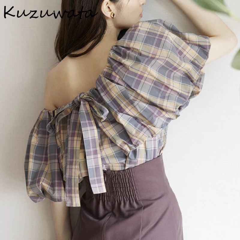 Christmas Gift Kuzuwata  Autumn New Women Blusas Japan Style Sweet Shirts Slash Collar Puff Sleeve Back Bandage Mixed Plaid Solid Blouses