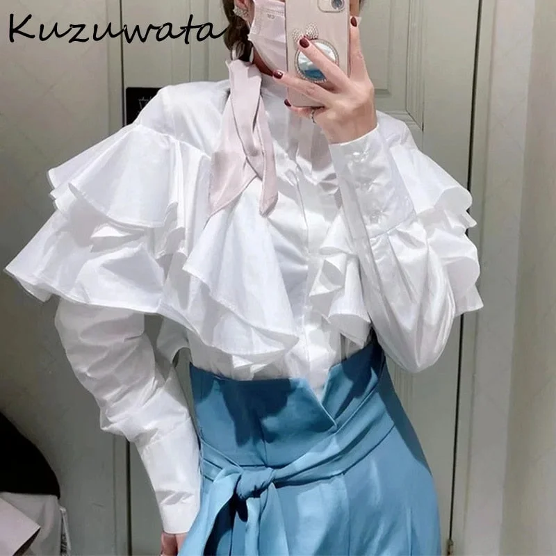 Christmas Gift Kuzuwata  Autumn New Women Blusas Japanese Fashion Design Blouses Stand Collar Button Layer Ruffles Folds Solid Shirts