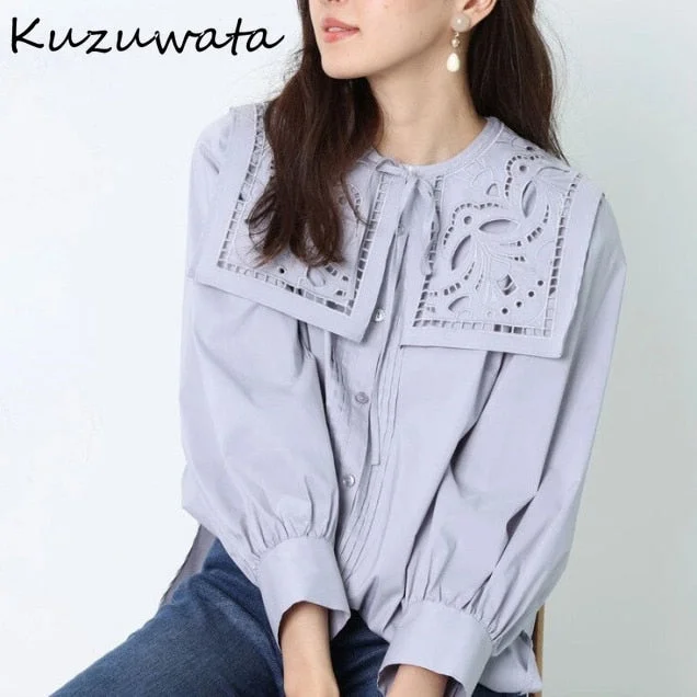 Christmas Gift Kuzuwata  Autumn New Women Shirts Commute Blusas Large Lapel Hollow Embroidery Puff Sleeve Single Breasted Solid Blouses