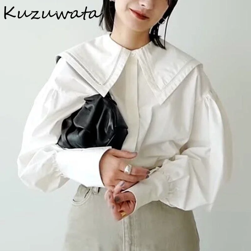 Christmas Gift Kuzuwata  Autumn New Women Shirts Japanese Temperament Blouses Sailor Collar Lantern Sleeve Single Breasted Solid Blusas