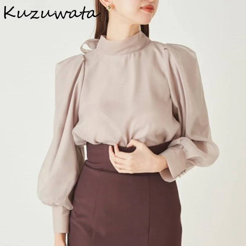 Christmas Gift Kuzuwata  Autumn Winter New Women Blusas Japanese Office Lady Sweet Blouses Solid Puff Sleeve Bowknot Drawstring Shirts