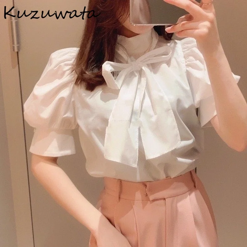 Christmas Gift Kuzuwata Bowknot Stand Neck Puff Half Sleeve Solid Blouses  Spring Summer Fresh Shirts Temperament Office Lady Women Tops