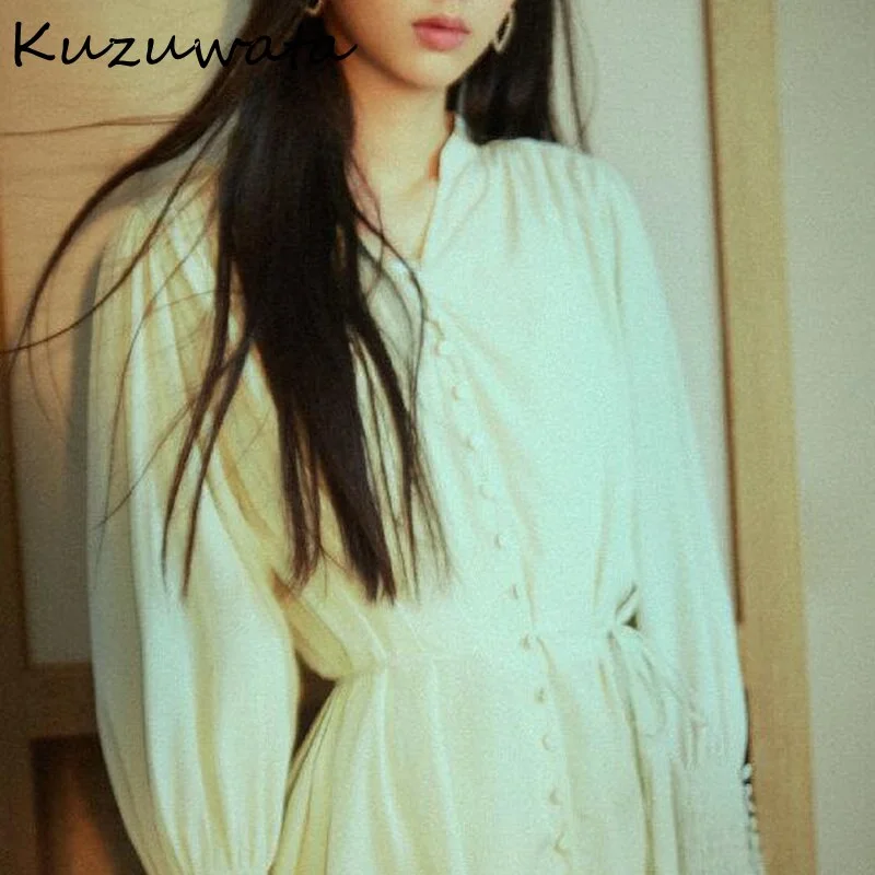 Christmas Gift Kuzuwata Japan Style Elegant Fashion Woman clothing V-Neck Solid lantern sleeve drawstring Shirts  Spring Summer Blouses