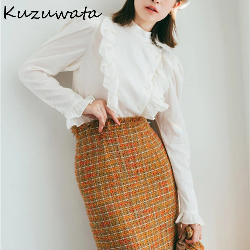 Christmas Gift Kuzuwata  Japan Style Sweet Blusas New Women Blouses Stand Collar Drawstring Ruffled Button Puff Long Sleeved Solid Shirts