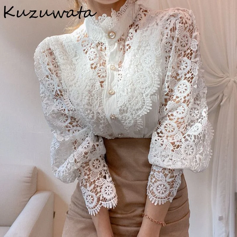 Christmas Gift Kuzuwata New Petal Sleeve Women Blouses Chic Button Hollow Out Flower Lace Patchwork Shirt Stand Collar All-match Femme Blusas