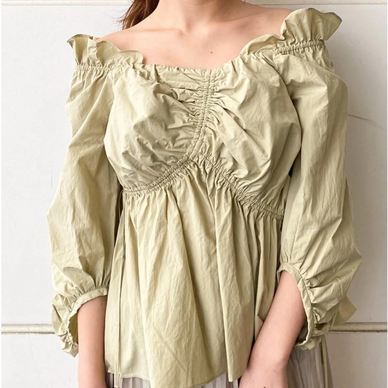 Christmas Gift Kuzuwata New Sweet Irregular Pleated Design Women Blouses Japan Style Simple Solid Woman Blusas  Spring  Summer Shirts