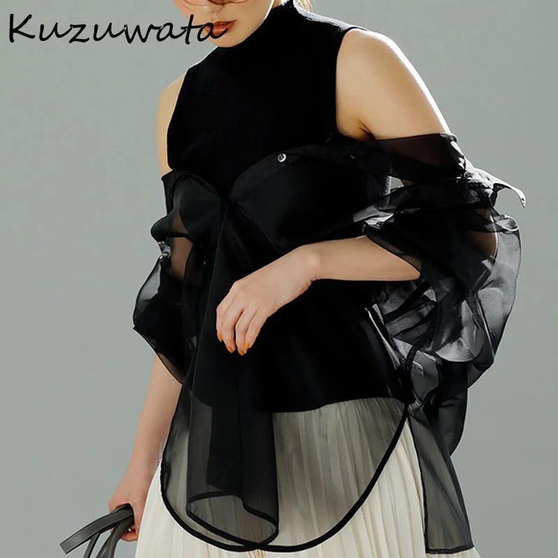 Christmas Gift Kuzuwata O Neck Sleeveless Knitted Shirts Thin Button Blusas  Spring Summer New Fashion Design Japanese Two-piece Blouses