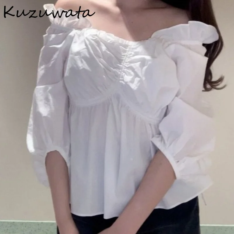 Christmas Gift Kuzuwata Sexy Slash Neck Irregular Fungus Shirts  Spring Summer New Design Fashion Woman Clothing Slim Waist Thin Blouses