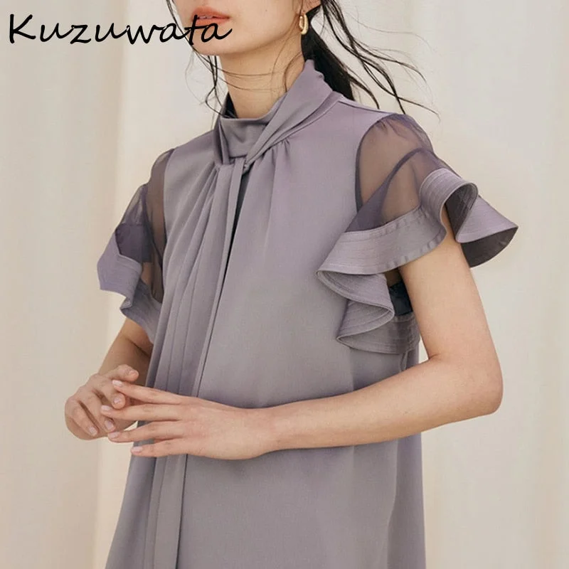 Christmas Gift Kuzuwata Stand Collar Gauze Patchwork Butterfly Sleeve Solid Blouses Japanese Temperament Shirts  Summer New Women Blusas