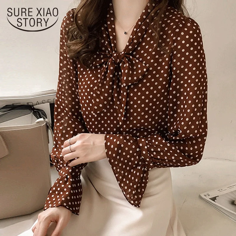 Christmas Gift long sleeve women chiffon blouse shirt plus size women tops print dot blouse fashion woman blouses  women shirts 1537 45