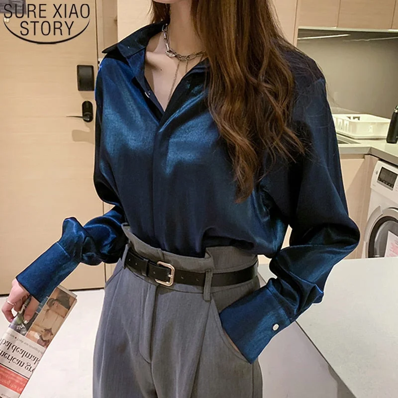 Christmas Gift New Office Lady Oversized Shirts Women Single Breasted Long Sleeve Solid Casual Satin Blouses Plus Size Tops Blusa Mujer 16961