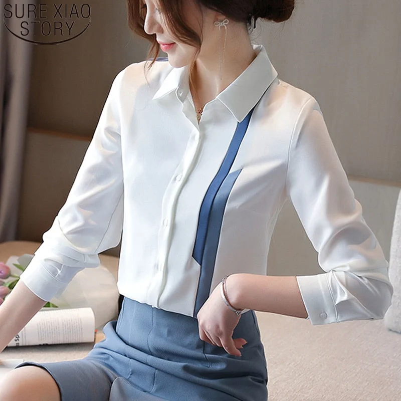 Christmas Gift Office Lady Chiffon Long Sleeve Shirts Women Blouses Professional OL White Tops  Elegant Autumn Fashion Stripe Shirt 10613