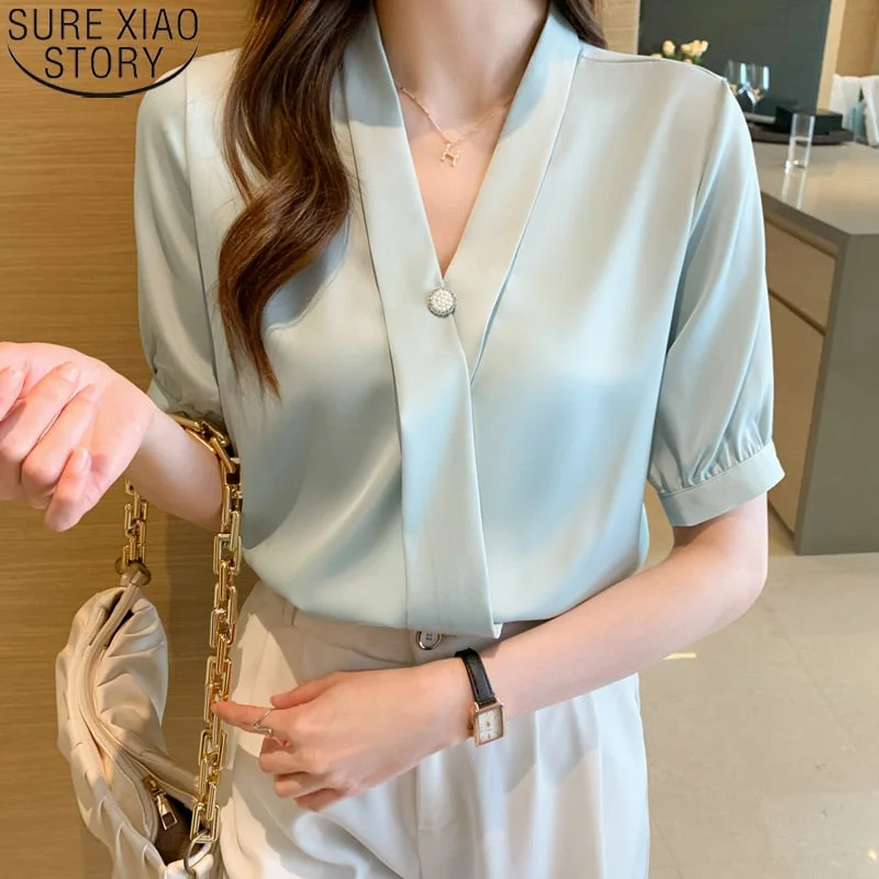 Christmas Gift Office Lady Fashion V-neck Blouse Summer  New Elegant Chiffon Shirt Short Sleeve Blouses Women Tops Button Blusas 15449