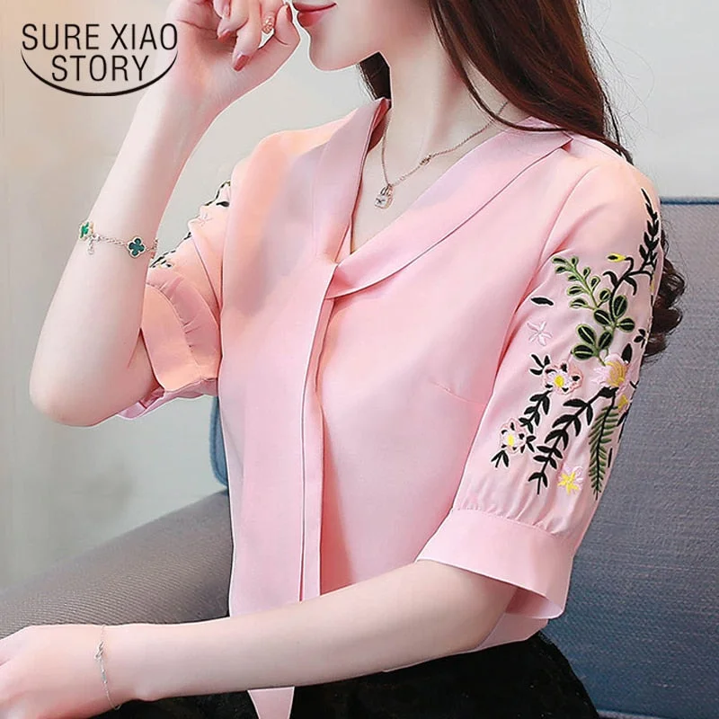 Christmas Gift Pink chiffon blous shirt office work wear blouse women shirts short sleeve summer tops plus size womens tops and blouses 0029 60