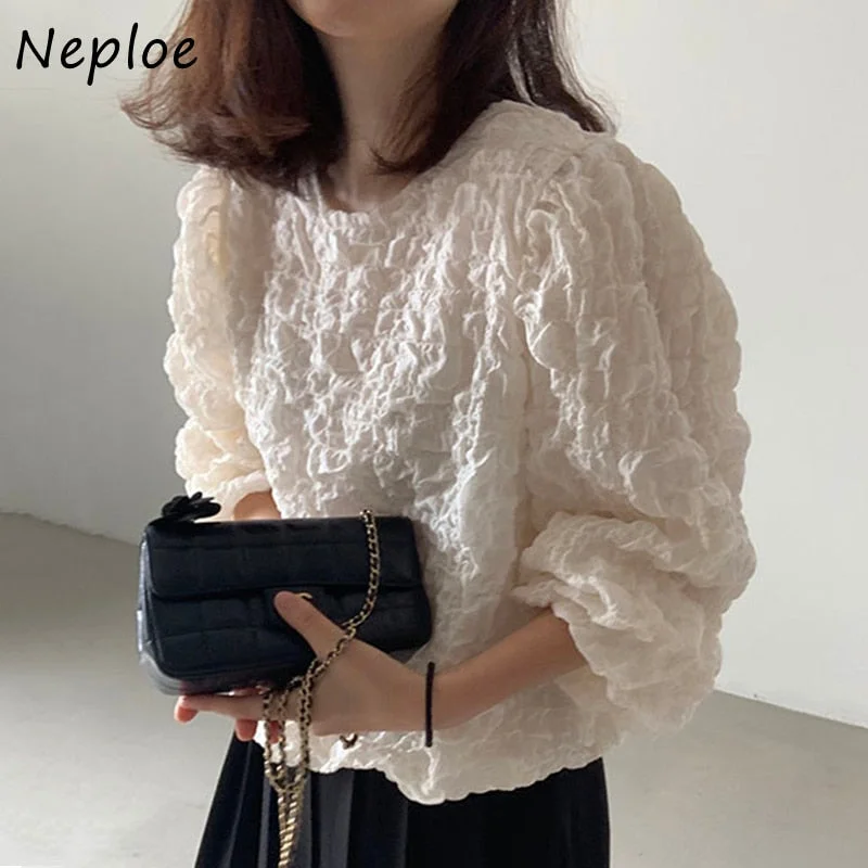 Christmas Gift Round Neck Loose Blusas Korea Chic Autumn Simple Ladies Shirt Fold Design Bubble Cotton Long Sleeve Womens Blouses Top