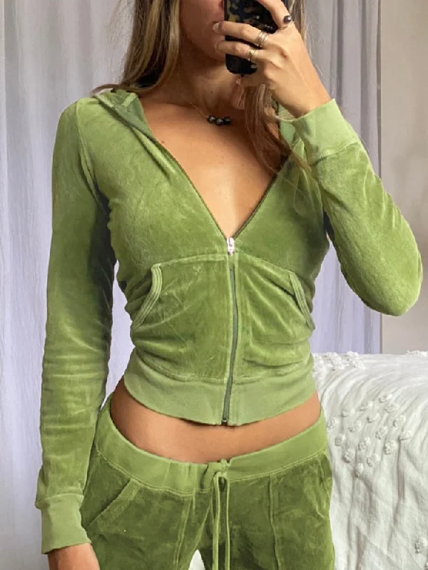 HEYounGIRL Casual Velvet Crop Top Winter Jacket Women Green Pink Zip Up Hoodies Coats Ladies Fashion Skinny Overcoat Streetwear