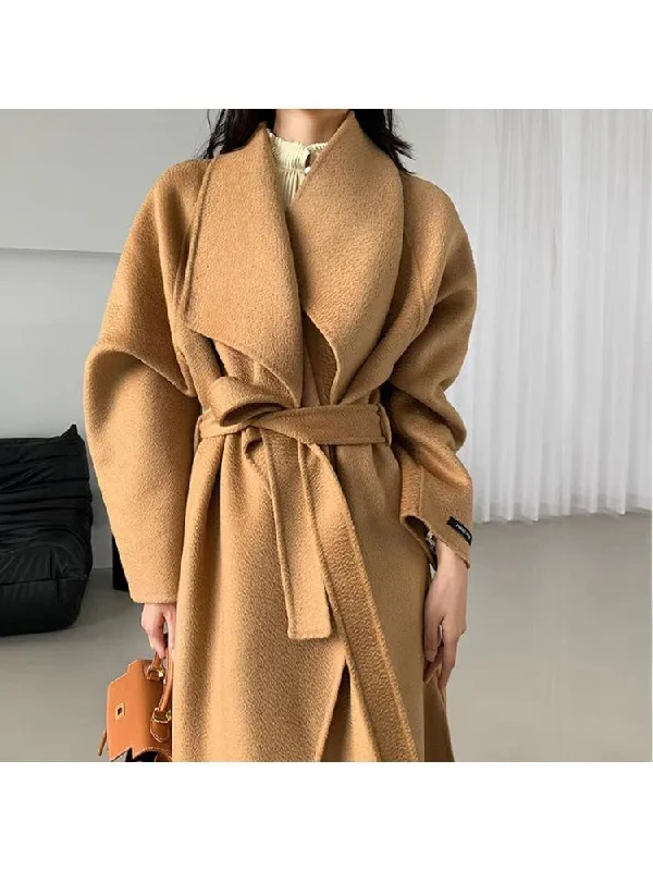 Joskka 2023 New In Outerwear Water Ripple Double-Sided Long Women Loose Lacing Belt Bathrobe Style Woolen Jackets Fall Outfits 2023