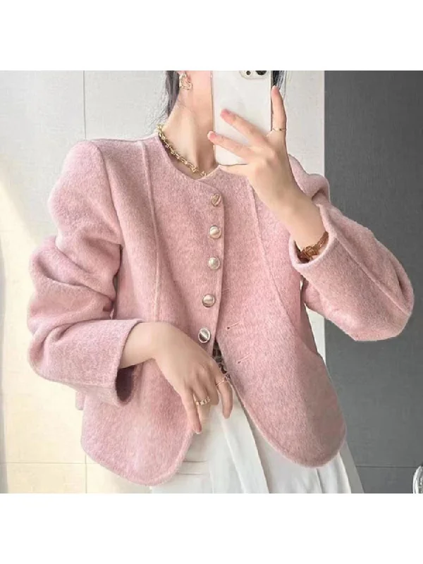 Joskka 2023 Spring Gentle Women's Double-Sided Short Coats Lady Solid Color Single-Breasted All-Match Casual Woolen Jackets