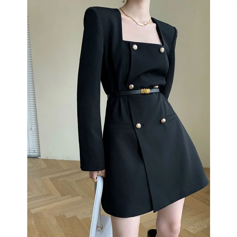 Joskka Autumn French Elegant Black Dress Women Office Lady Long Sleeve Chic Mini Dresses Female Korean Fashion One Piece Dress Fall Outfits 2023