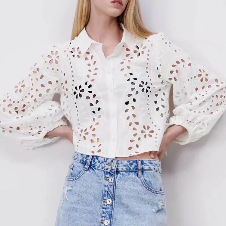 Joskka Cropped Shirt Women  New Fashion White Lace Blouse Eyelet Cut Embroidery Top Wear Loose Clothing Fall Outfits