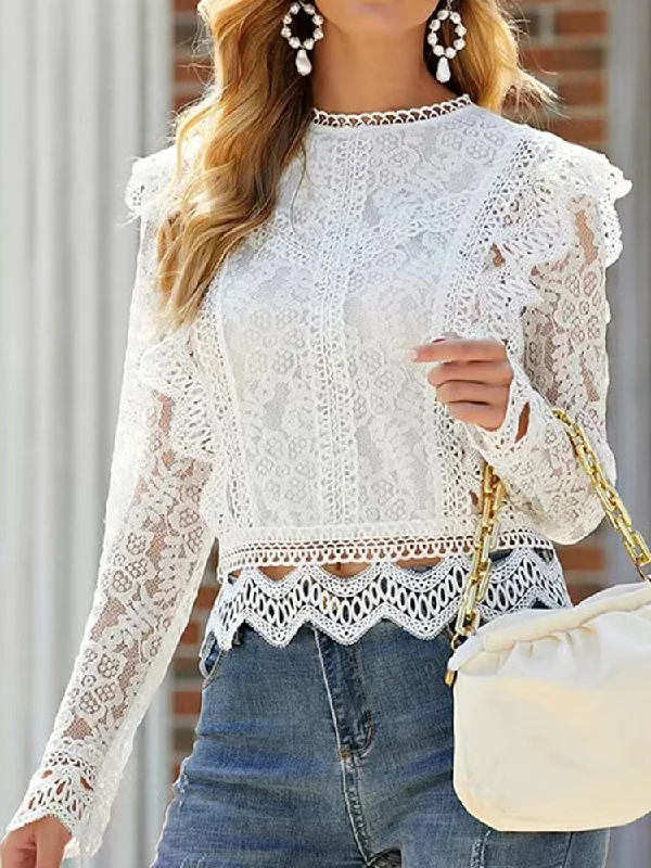 Joskka Lace Blouses Tops Women Long Sleeve Hollow Out Floral Lace Crop Top Sweet High Street Office Ladies Shirt Fall Outfits