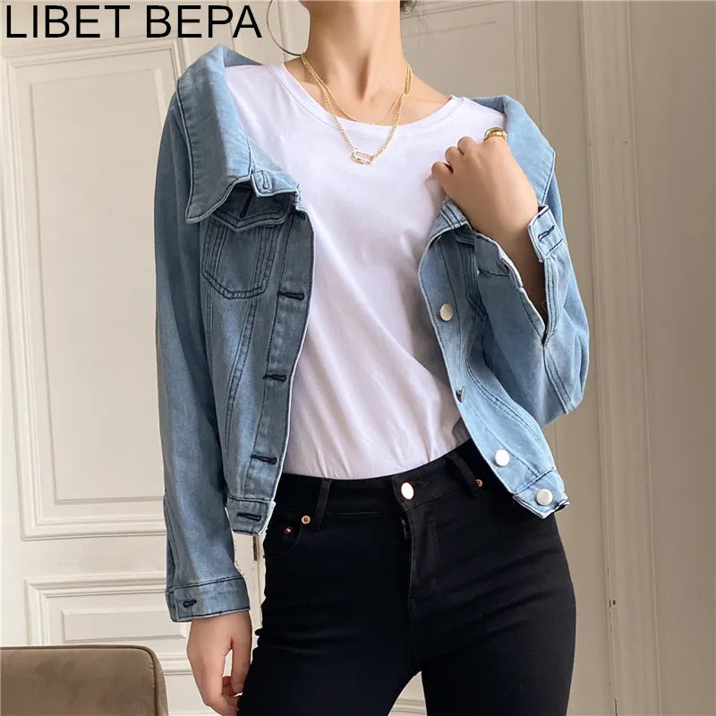 Joskka New  Autumn Women's Denim Jeans Jackets Casual Slash Neck Pockets Wild Streetwear Fashionable Short Wild Lady Tops JK1036