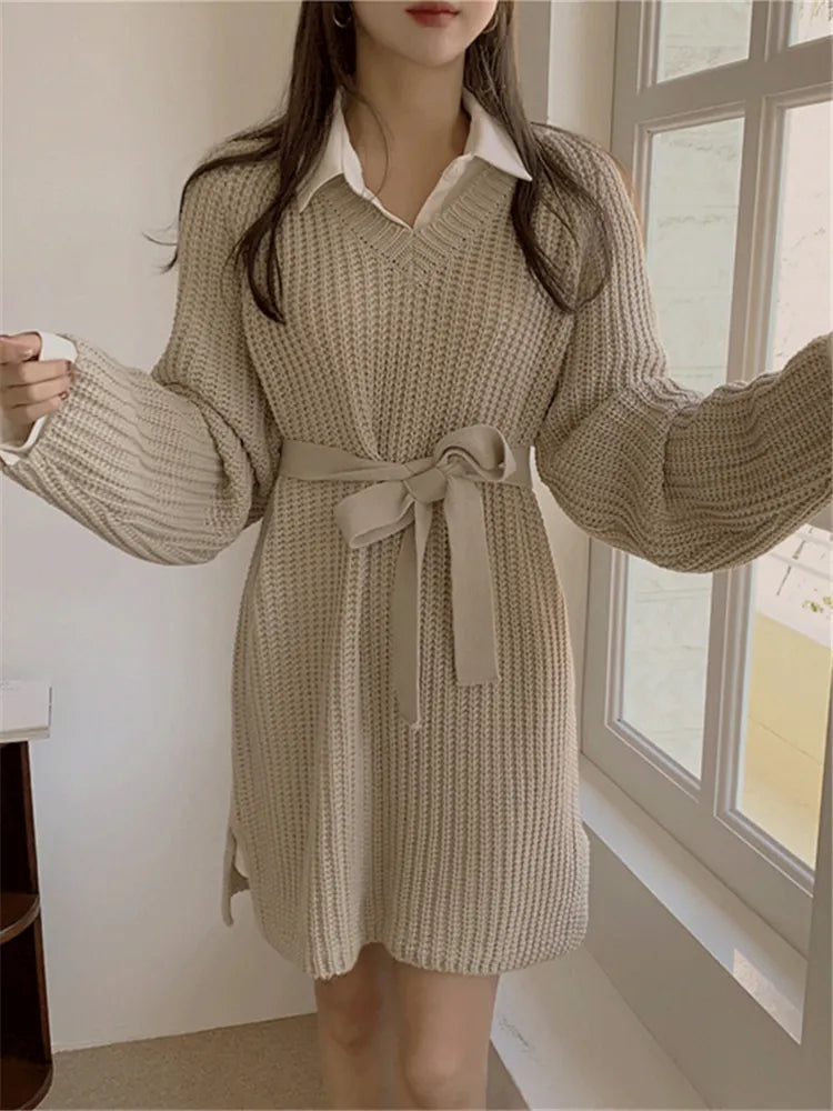 Joskka  New Knitting Korean Fashion Chic Elegant High Waist Vintage Oversized Lady Lace Up Women Autumn Winter Mini Dresses