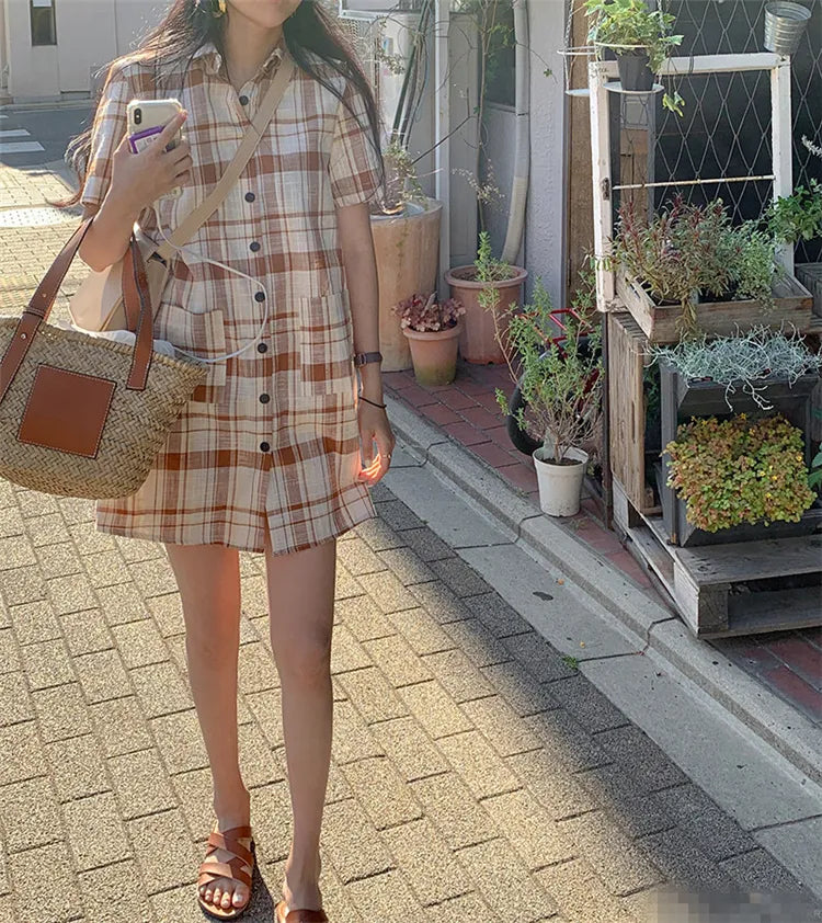 Joskka  New Summer Women's Shirt Dresses Plaid Checkered Vintage Pockets Fashionable Korean Style Oversize Wild Mini Dress