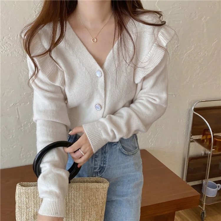 Awakecrm Joskka New  Women's Autumn Winter Sweaters Buttons Cardigans Vintage Korean Knitted Ruffle Fashionable Elegant Lady Tops