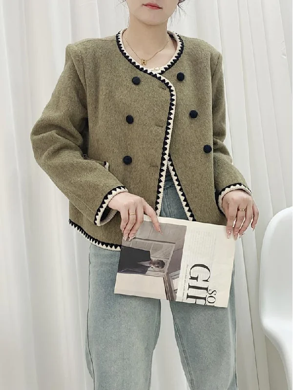 Joskka Shell Needle Wrapped Short Woolen Jackets O Neck Loose Binding Double-Breasted Women Wool Coats Outerwear Fall Outfits 2023