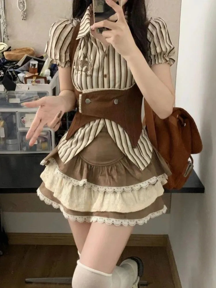 Joskka  Summer Sweet Japanese 3 Piece Set Women Striped Y2k Crop Tops Casual Lace Mini Skirt Solid Vest Vintage Fashion Suit Chic