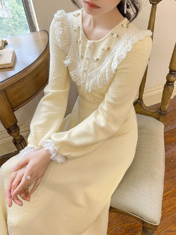 Joskka Sweet Vintage Knitting Dress Women Lace Design Elegant Midi Fairy Dress Lady Casual Korean Style Evening Party Dress Fall Outfits 2023