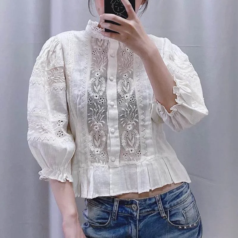 Joskka White Lace Shirt Women Ruffle Collar Patchwork Striped Cotton Blouse Female Casual Top Preppy Clothing Fall Outfits