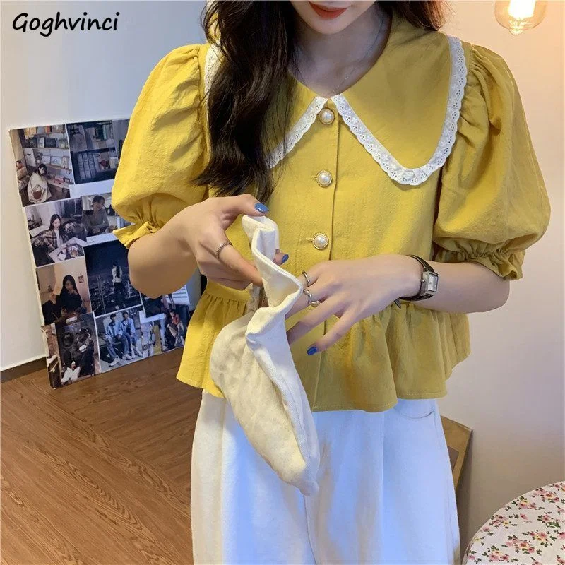 Shirts Women Summer Crop Top Lace-up Sweet French Girls Peter Pan Collar Kawaii Korean Ruffles Womens Blouses Puff Sleeve Trendy