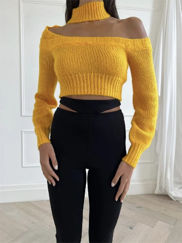 Awakecrm Joskaa Wsevypo Fall Winter Chic Off Shoulder Halterneck Knit Sweaters Women Casual Long Sleeve Cutout Pullover Crop Tops Street Jumpers