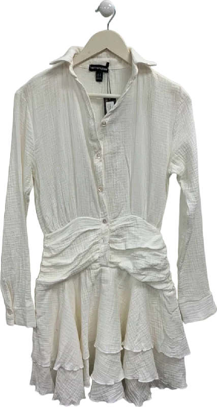 Pretty Little Thing White Oversized Shirt Frill Detail Shift Dress UK 6