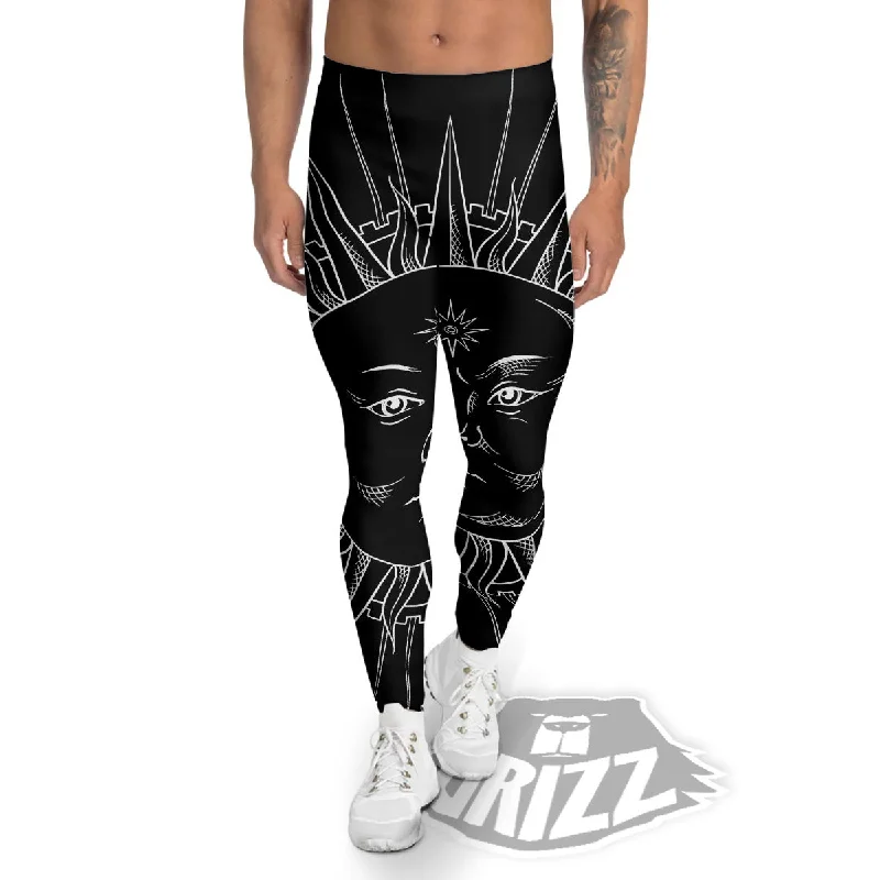 Celestial Sun White And Black Print Men's Leggings