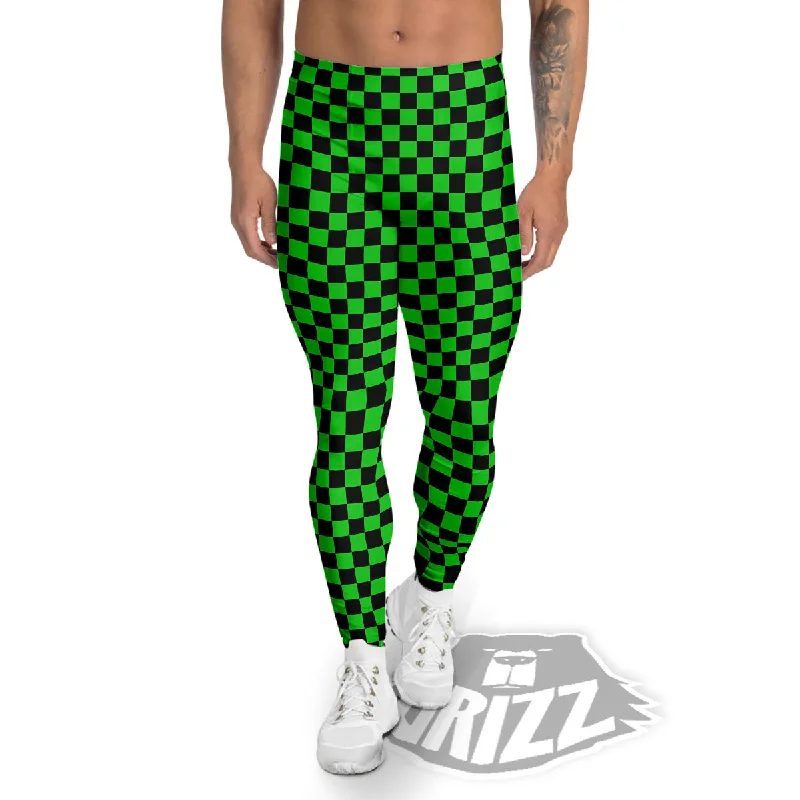 Checkered Green And Black Print Men's Leggings