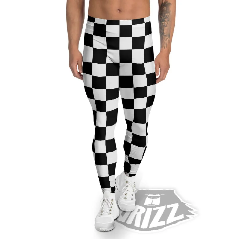 Checkered White And Black Print Pattern Men's Leggings