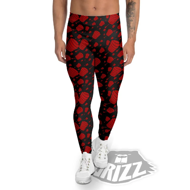 Chinese Red And Black Print Pattern Men's Leggings